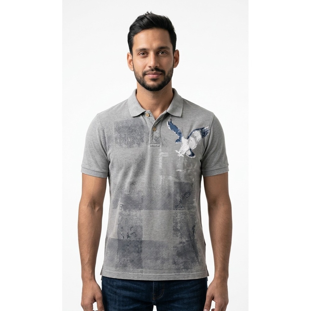 Vtg Y2K American Eagle‎ Men's Polo Shirt Sz XXL Gray Blue Logo 90s Mallcore Prep